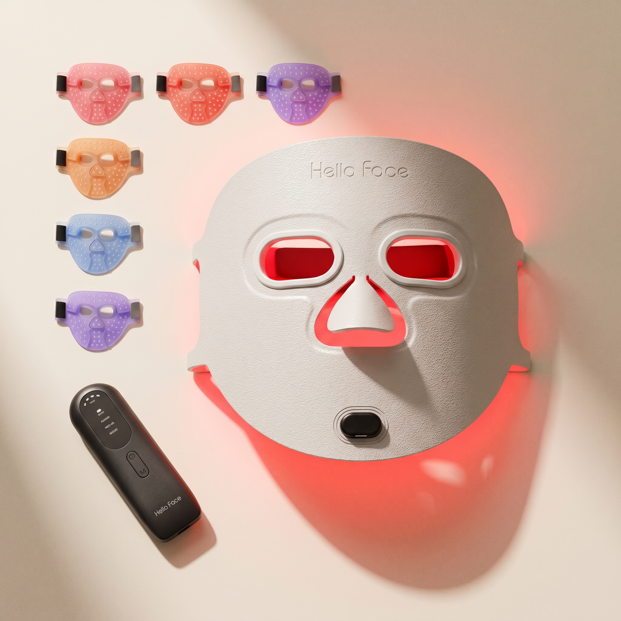 Hello Face M500 LED face mask glowing on marble pedestal